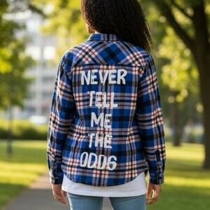Blue Plaid Flannel Shirt Jacket with 'Never Tell Me The Odds' Back Print
